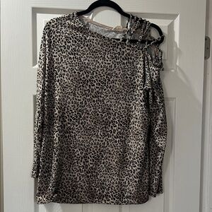 BiBi Leopard Print Long Sleeve Top with Cutout Shoulder